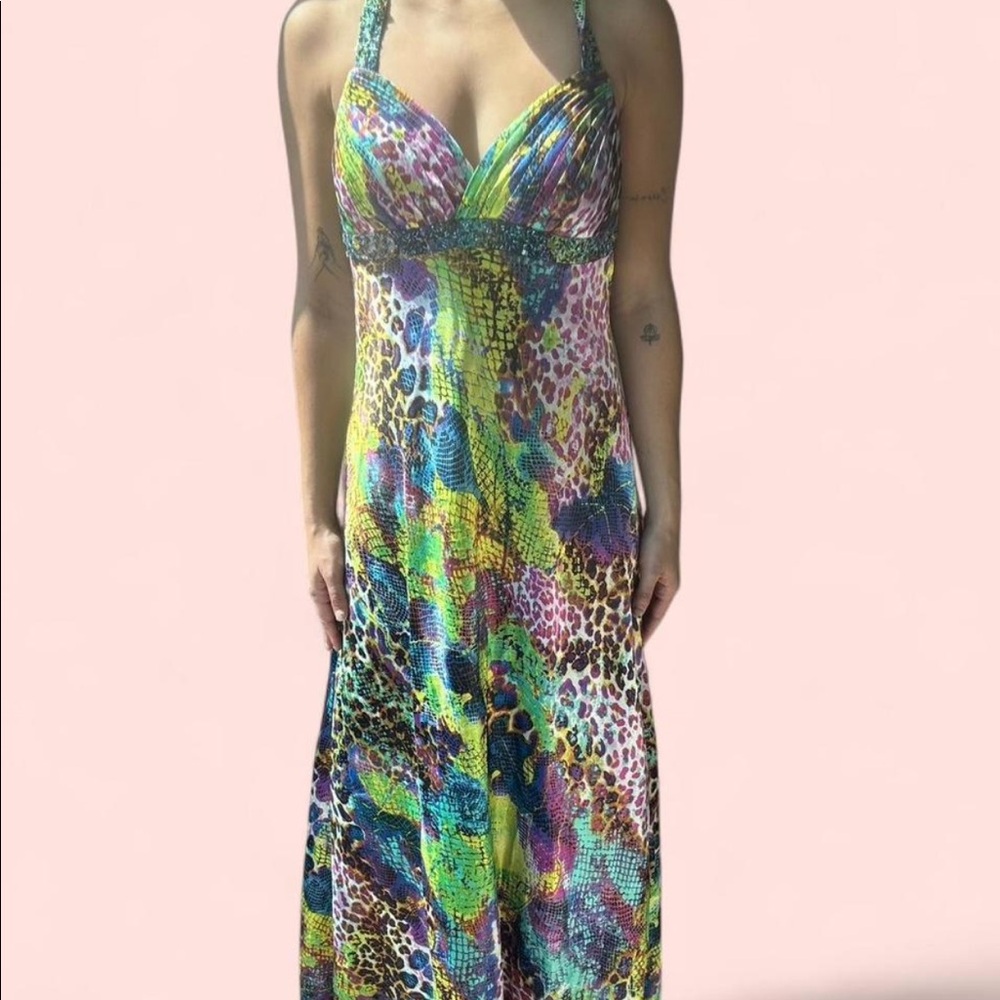 Xscape by Soarma Chen colorful snake print dress with beaded detailing.